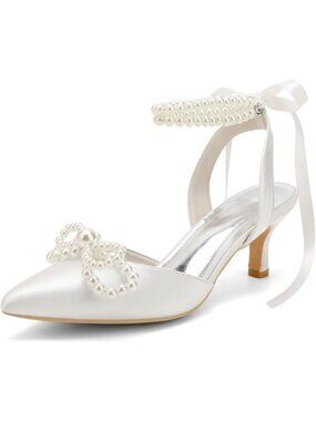 Elegant Pearl Bow Kitten Heels - Satin Bridal Shoes, Low Pointed Toe Slingbacks
